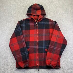 Vintage Pine Crest Jacket Mens Red‎ Black Plaid Wool Blend Hooded Zip Up Talon